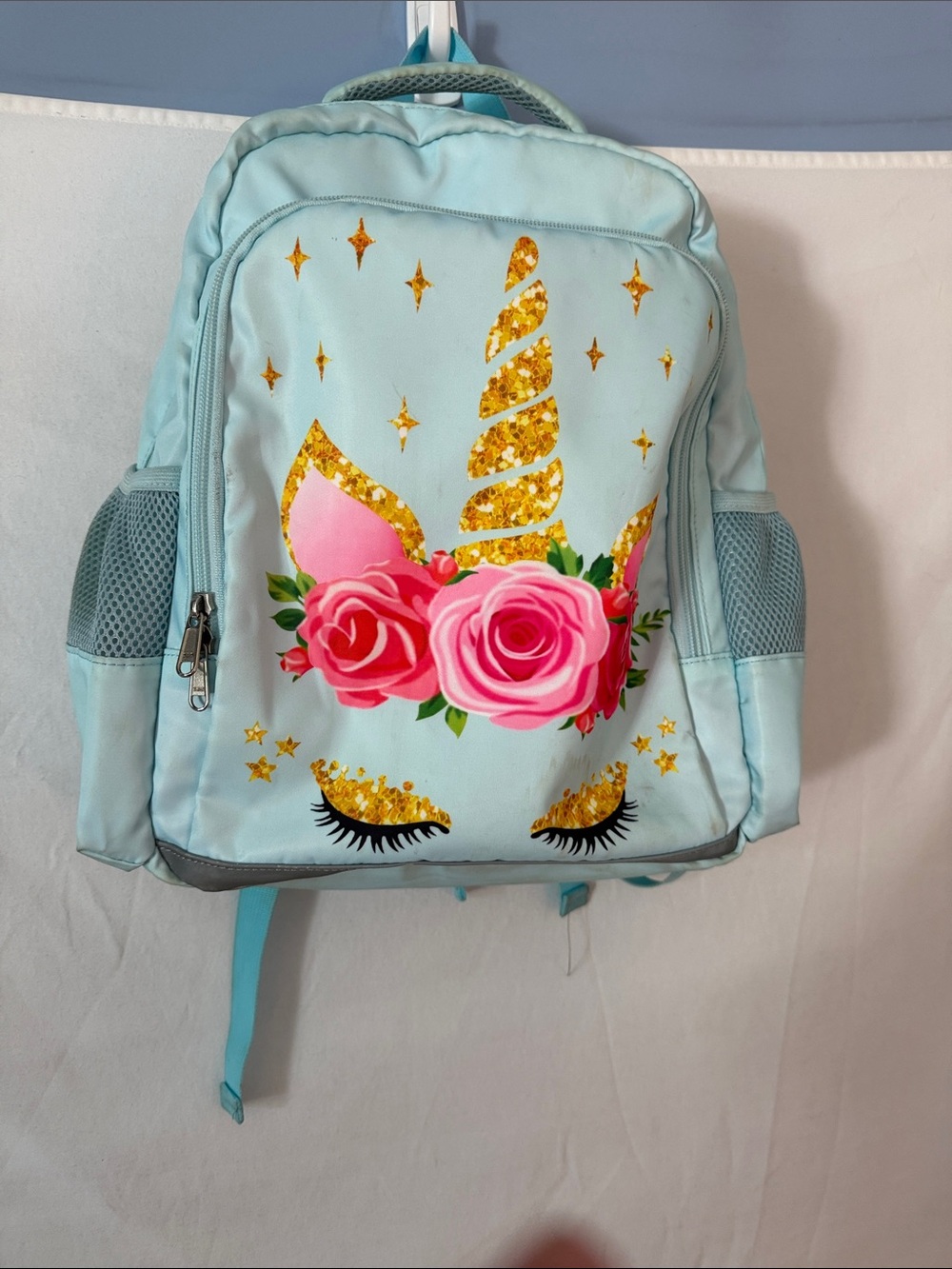 Sparkle Unicorn Kids Backpack - Light Blue with Pink Roses